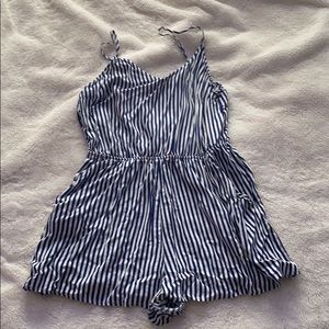 blue and white stripped romper
